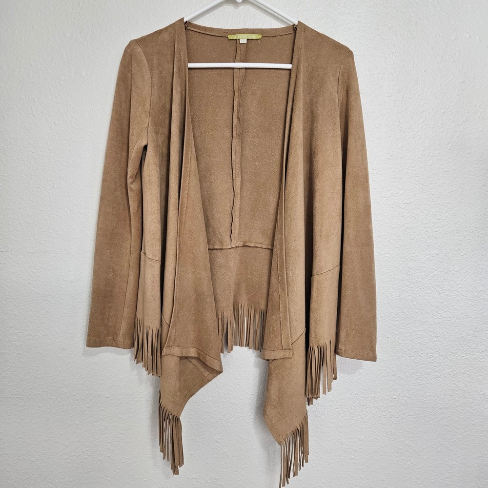 Gianni Bini Womens XS Tan Faux Suede Fringe Open Front Draped Cardigan Jacket